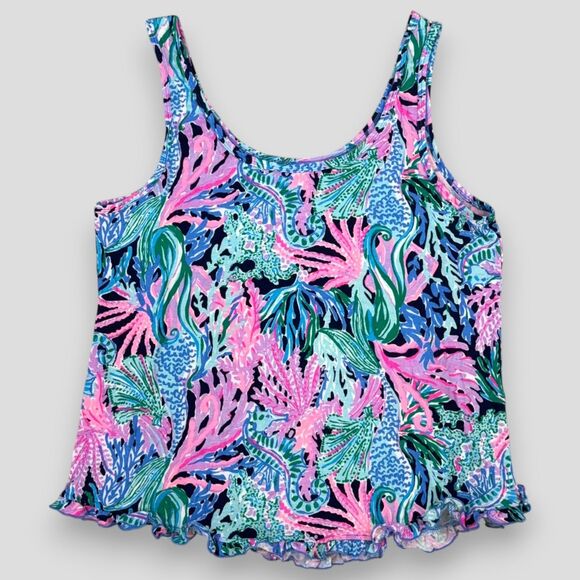 Lilly Pulitzer Women's PJ Tank Top Knit Ruffle High Tide Navy Pajamas Size Lrg - Picture 2 of 8